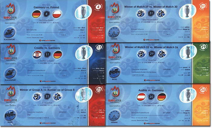  - Euro 2008 Complete German Ticket set incl. Final Tickets: Euro 2008: all 6 tickets for the German Matches, size each 20x8cm,  --creased Condition: B-C