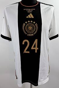  - Original match issued DFB jersey with the number 24, worn by Florian Wirtz. Prepared for the international match against Ukraine on June 12, 2021, in Bremen. The DFB eagle on the jersey features a design created especially for the 1000th international match of the German national team. Condition: AAC; short-sleeved jersey; size L; DFB eagle and Adidas logo embroidered; player number and name rubberized, "We are here for you" patch and peace patch rubberized; 100% polyester; made in China; condition A. Condition: A - Bild 2