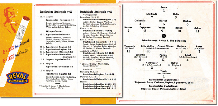 Programm LS1952  | Deutschland - Jugoslawien. 21.12.1952 im Südwest-Stadion Ludwigshafen.  Programm "Reval Cigaretten".