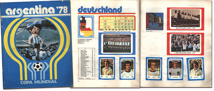  - World Cup 1978. Rare Italian Sticker Album from La Gazetta dello Sport: Argentina 78 Copa Mundial. With portraits of all the players complete with 250 sticker (complete), size 22x26cm, 48 pages. (ITALIAN). ----Dust jacket with small tears at the edges; Spine with minor defects; Internally a good copy, with neatly pasted-in stickers. Condition: C