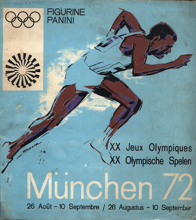 Olympic Games 1972 Munich. Panini Sticker Album - Olympic Games 1972 Munich. Panini Sticker Album: (FRENCH/DUTCH) XX. Jeux Olympiques. XX. Olympische Spelen. München 72.Size 24x24 cm, 48 pages complete with 380 M/C pictures.--Cover soiled; creased; spine partially reinforced with tape; inside, several pages have small tears at the margins: pictures neatly pasted in! Condition: C-