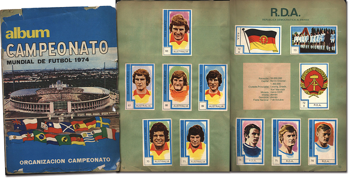  - World Cup 1974 Sticker Album: Album Campeonato Mundial de Futbol 1974. 48 pages with 304 color collectible stickers (complete set), 18 x 26 cm, softcover. South America 1974. --Very rare trading card album from Chile featuring color illustrations of the players from the participating teams. --Binding loose, with missing sections; edge tears on the first two pages; pages wavy. Condition: C-D