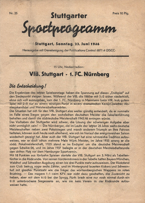 Sorry, no english description is available. ...  - 4 Seiten15x21 cm. Condition: C.....Mit Mannschaftsaufstellung für diese "Endspiel". Stuttgart entschid durch 1:0 die Oberliga Süd Meisterschaft für sich! Sehr seltenes Programmheft --geknickt; kleine Randeinrisse