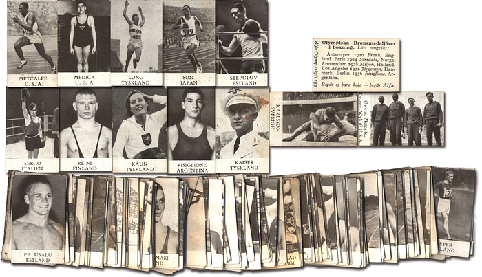 Sammelbilder-Alfa  | Olympisk Spelen 1936. 231 Bilder aus der Serie mit den Medaillengewinnern der Olympischen Sommerspiele in Berlin, Karton je 4,5x2,5 cm. Ca. 90% Ungeklebt.
