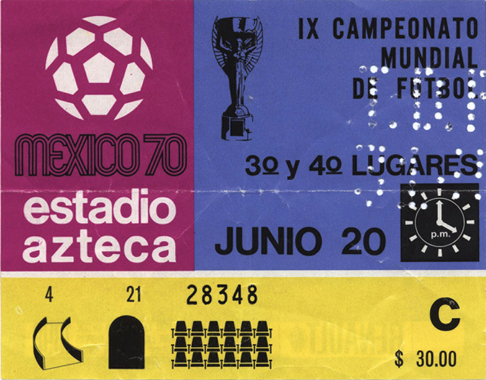  - World Cup 1970 3rd place ticket Germany v Uruguay at Estadio Azteca on 20th June 1970. Size 12,5x10 cm. Creased. Condition: C