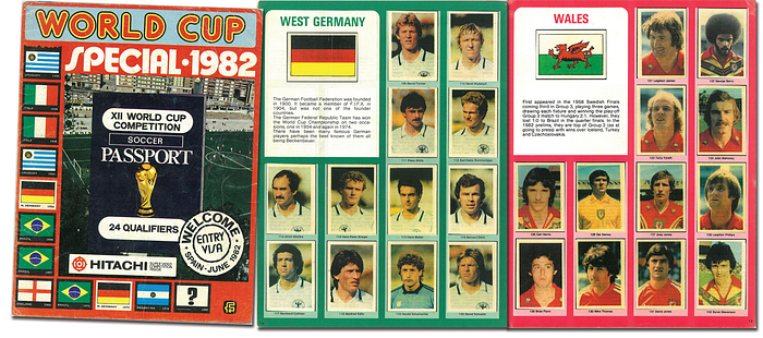  - World Cup 1982. English Sticker Album from FKS: "World Cup Spezial 1982" Very rare English Album with playersticker Complete with 288 m/c pictures on 24 pages. The album was released before the conclusion of the World Cup qualifiers and features 39 countries; consequently, it includes images of teams that did not make it to the World Cup—such as China, Australia, Canada, Egypt, Ireland, Wales, East Germany, and Greece. (ENGLISH). --cover rubbed Condition: C