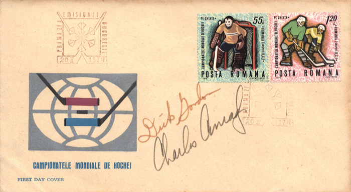 Astronauten  | Ersttagsbrief von der Eishockey - B Weltmeisterschaft 20.1.1970  in Rumänien. Mit original Signaturen der Raumfahrer Dick Gordon (1924-2017; USA) und Charles Conrads (1930-1999, USA) die beide mit Apollo 12 im Weltall waren. 19,5x11 cm