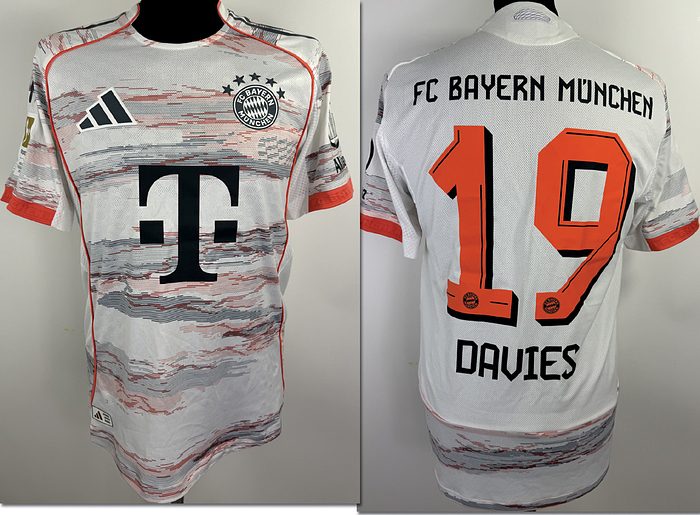  - Original match-worn FC Bayern player shirt, No. 19, belonging to Alphonso Davies. Worn during a Bundesliga match in the 2025/2026 season. Status: AAB. Short-sleeve shirt; Size 6; Club crest and Adidas manufacturer logo applied; Sponsor 'T...', club name, player number, and player name applied in rubberized print; Back number height: 25 cm; Bundesliga patch and Allianz patch applied in rubberized print; 100% Polyester; Made in Thailand; Condition: A