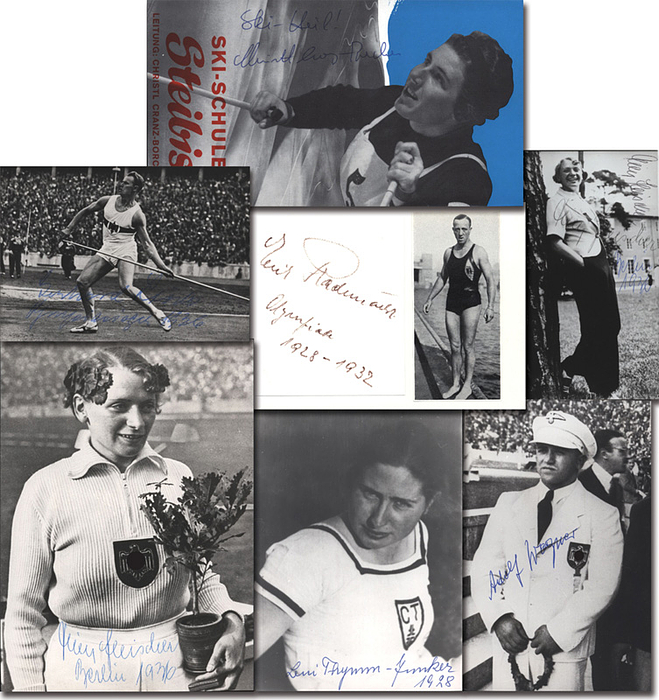 Deutschland Olympia 1936  | 6 verschiedene Autogrammbelege mit deutschen Medaillengewinner bei den Olympischen Spielen 1936, 17x12 bis 12x8,5 cm.