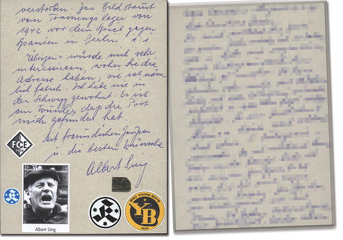 Sing, Albert  | (1917-2008) Zweiseitig handschriftliche Karte mit Originalsignatur von Albert Sing. Deutscher Fußballspieler und -trainer; 9 DFB A-Länderspiele von 1940-1942 für die deutsche Nationalmannschaft; u.a. Trainer in der Schweiz beim BSC Young Boys. Datirt15.2.1998. 15,5x10,5 cm