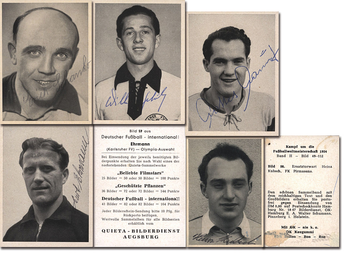 Nationalspieler 1950-1954  | 5 Sammelbilder (4x Quieta - Deutscher Fußball Internaional + 1x "OK" - Kampf um die Fußball Weltmeisterschaft) mit original Signaturen der Spieler: Mathhias Mauritz (1924-2016), Willi Schröder (1928-1999), Kurt Ehrmann (1922-2013), Erich Schanko (1919-2005), Heinz Kubsch (1930-1993). 8x6 + 7x5 cm