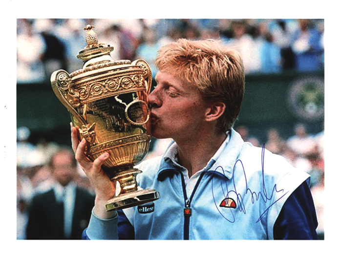  - Hand-signed color foto (25x10 cm) of the German tennis legend and Wimbeldon champion Boris Becker. Very decorative! Condition: A-