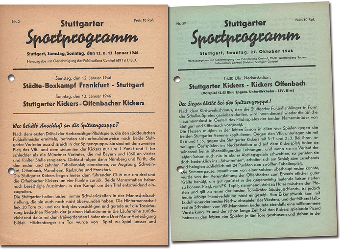 Programm 1946  | 2x Stuttgarter Kickers - Offenbacher Kickers. 13.1.1946 + 27.10.1946 in  in Stuttgart.  "Stuttgarter Sportprogramm" Nr. 2 +39