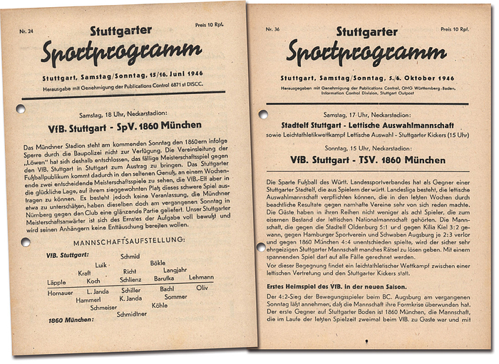 Programm 1946  | 2x VfB Stuttgart - 1860 München, 15.6.1946 + 5.10.1946 in Stuttgart.  "Stuttgarter Sportprogramm" Nr. 24 + 36