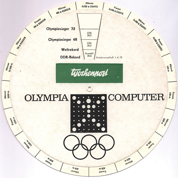 Sorry, no english description is available. ...  - Drehscheibe, Durchmesser ca. 20cm, Karton, Wochenpost, Mühlhausen 1972. Condition: B.....Werbebeilage der thüringer Zeitung "Wochenpost" anläßlich der Olympischen Spiele München 1972. Drehscheibe zum Ablesen der Olympiasieger von 1968, des Weltrekordhalters und des DDR-Rekordhalters im Jahre 1972. Mit Feld zum Eintragen der Olympiasieger von 1972 (unbeschrieben). Rarität!