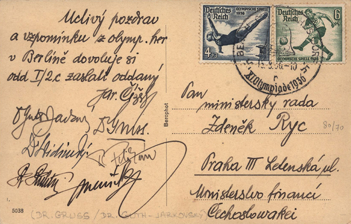  - Postcard from the 1936 Olympic Games, written by an Olympian from Czechoslovakia, featuring 7 original signatures from athletes on the Czech team. Includes special 1936 Olympic Games stamps and an "Olympic Village" postmark. Posted on August 15, 1936; 14 x 9 cm. --including Jirí Stanislav Guth-Jarkovský (1861–1943; founding member of the IOC!), Dr. Josef Gruss (1884–1968; Olympic participant in 1908 and 1920; President of the Czech Olympic Committee 1929–1951; IOC member from 1946) Condition: A