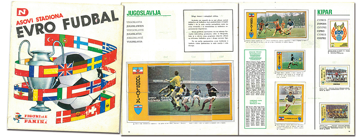  - Panini Sticker  Album 1977: "Evro Fudbal. Asovi Stadiona"  (Yugoslav edition from "Euro Football") complete album with 288 stickers showing top international players and teams season 1976 - 1977. Size 24x27 cm, 32 pages.  Cover rubbed and creased Condition: C-
