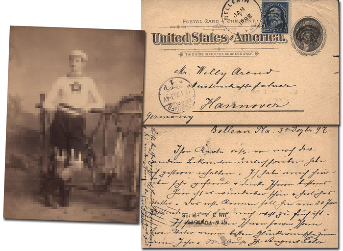 Lehr, August  | (1871-1921) 2-seitiger hangeschriebene Postkarte mit Originalsignatur vom deutschen Radrennfahrer August Lehr. 1888 bis 1894 7-facher Sieger der Deutschen Meisterschaft. 1888 Gewinner der Englischen Meisterschaften im Hochradfahren. 1891 war Lehr nach der Anzahl der errungenen Siege der beste Fahrer der Welt. 1894 Weltmeister im Sprint und damit der erste deutsche Weltmeister im Radsport. Postkarte wurde aus den USA geschickt. Am 31.12.1897 datiert an den deutschen Radweltmeister Willy Arend (Weltmeister 1897). 14x9 cm. Dabei:Original S/W-Foto von August Lehr aus dem Jahre 1888 (14x10 cm; auf Karton).