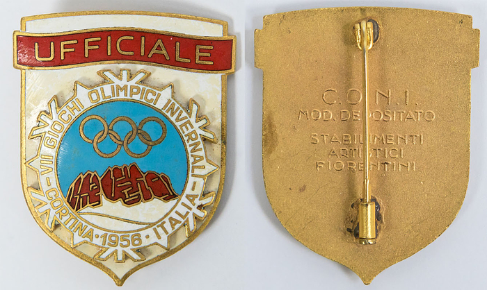 Olympic Games 1956 Cortina Participation badge - Official Olympic participant badge "Ufficiale - Cortina 1956", gilded bronze, multicolored enamels, 4,5x3,5 cm. Condition: A