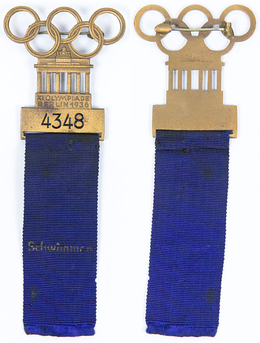  - Olympic Games Berlin 1936. Participation badge for athletes no. 4348, bronze, engaved as seen, blue ribbon with inscribtion "Schwimmen" (swimming), size 11x4.5cm, --Ribbon slightly stained Condition: A-