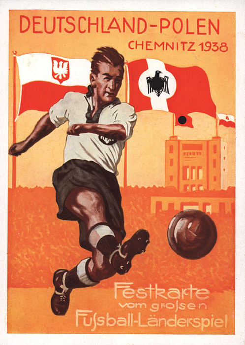German Football Postcard 1938. Germany v Poland - German Football Postcard 1938. Germany v Poland: 4 colour celebration postcard, stamped. Wonderful postcard with special postage stamp from the game on 18.9.38. Published by the „Kicker“ Magazine. Size 10.5x14.5, Condition: A-