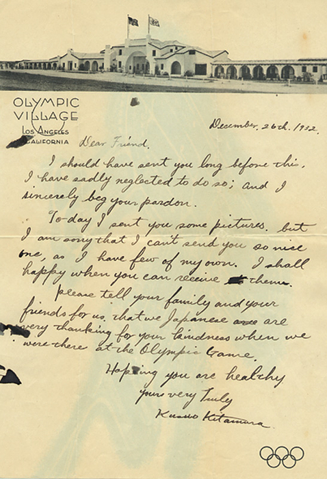 Kitamura, Kusuo  | (1917-1996) Eigenhändig mit Füllfederhalter geschriebener Brief auf Olympia 1932 Briefpapier (18,5x27cm) "Olympic Village   Los Angeles   California" mit original Unterschrift von Kusuo Kitamura (datiert "December, 26th.1932). Verstorbener Olympiasieger 1932 im Schwimmen.