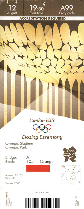 Eintrittskarte OSS2012  | London 2012 Olympic Games Closing Ceremony. Offizielle Eintrittskarte. Olympische Spiele 22x9 cm.