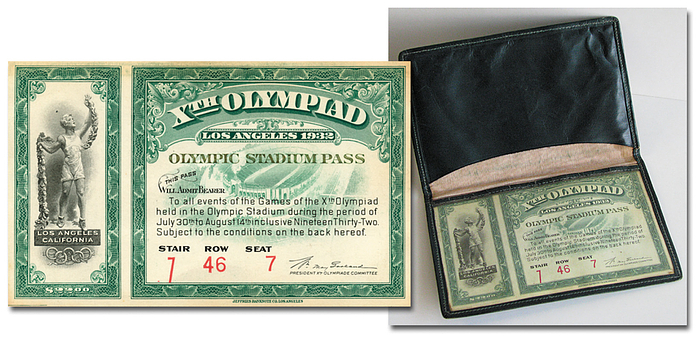 Eintrittskarte OSS1932  | Olympic Stadium Pass. "Xth Olympiad Los Angeles Olympic Stadium". 14x9 cm. In Originalledermappe!