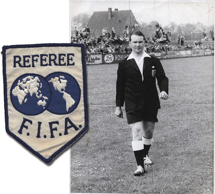  - Official FIFA cloth badge for referees. Features the embroidered inscription "Referee FIFA." Linen, embroidered, with snap fasteners on the back. 13 x 9 cm. Personal badge belonging to German FIFA referee Heinz Siebert (1925–2017), who was on the FIFA list from 1968 to 1970. Includes a black-and-white press photo of Heinz Siebert during a match. 21 x 15 cm. Condition: A-
