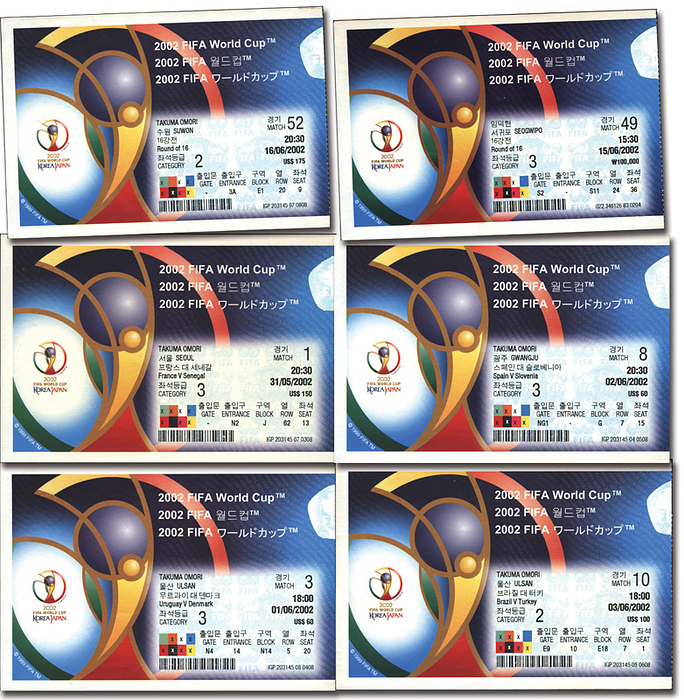 Eintrittskarte WM2002  | 6 verschiedene Eintrittskarte von Spielen der der Fußball-Weltmeisterschaft 2002. Spiel 1, 3, 8, 10, 49, 52. je 15x10 cm