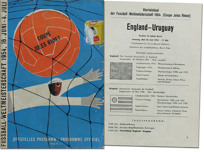 Programm WM1954  | Fussball-Weltmeisterschaft 1954, 26.Juni 1954. Viertelfinale:  England - Uruguay in Basel. Offizielles Programm.