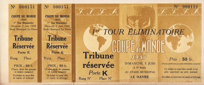 Eintrittskarte WM1938  | 1er Tour Eliminatoire Tchécoslovaquie - Hollande (3:0). Dimanche 5 Juin 1938. Stade Municipal du Havre. (Tschechoslowakei -Holland am 5.6.1938). 24x10 cm. Komplettes Ticket!.