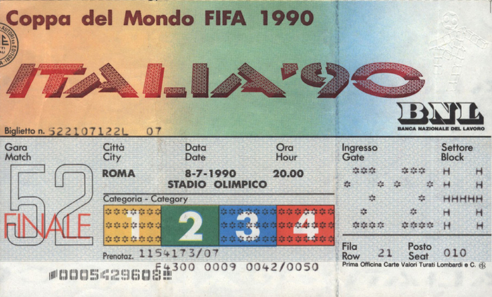 Eintrittskarte WM1990  | Coppa del Mondo FIFA 1990. Finale: Deutschland - Argentinien am 8.7.1990 in Rom, Stadio Olimpico. 15,3x9,5 cm.
