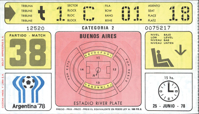 Eintrittskarte WM1978  | Finale: Argentinien - Holland im Estadio River Plate am 25. Juni 1978 - Press. 17x10cm.