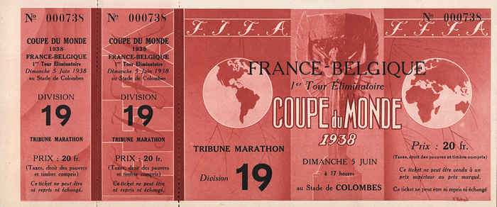  - World Cup 1938. Ticket France v Belgium 5th june, Paris Stade de Colombes, 23,5x10.2 cm Complete ticket!  Ticket extemly rare with COA!!! Condition: A