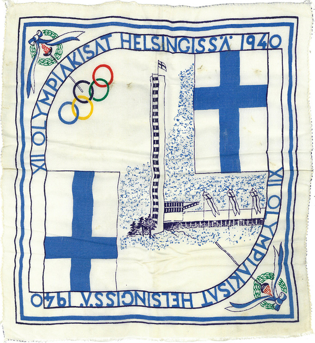  - Olympic Games 1940: M/c commemorative silk scarf, Helsinki 1940. Size 23x23cm. Condition: A-