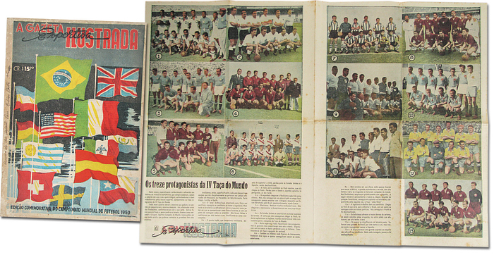 World Cup 1950 Brasilian Report (52x37) + Poster - Portuguese language magazine about the football World Cup 1950 in Brazil. Reports and photos of all matches. Team photos of all teams. Large size multicolour poster (52x37cm) of the World Cup winner Uruguay in centre fold. Three other multicolour photos in addition. Decorative multicolour cover illustration. Printed on newsprint thus slightly yellowed. Extremely rare. This original edition is the icing on the cake of every world cup collection. Extremely rare. Condition: C