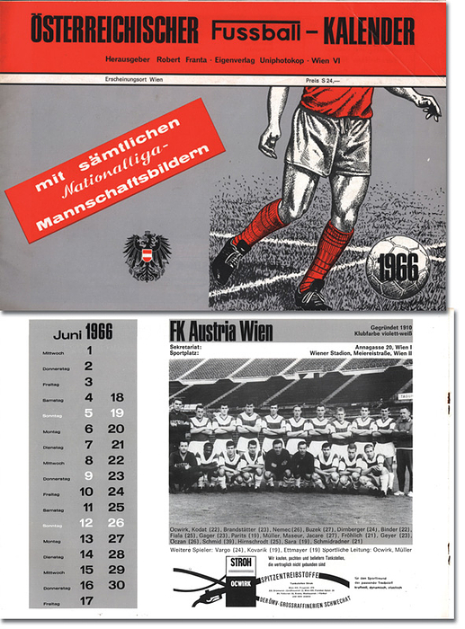 Franta, Robert | Österreichischer Fussball - Kalender 1966. Mit sämtlichen Nationalliga Mannschaftsbildern.