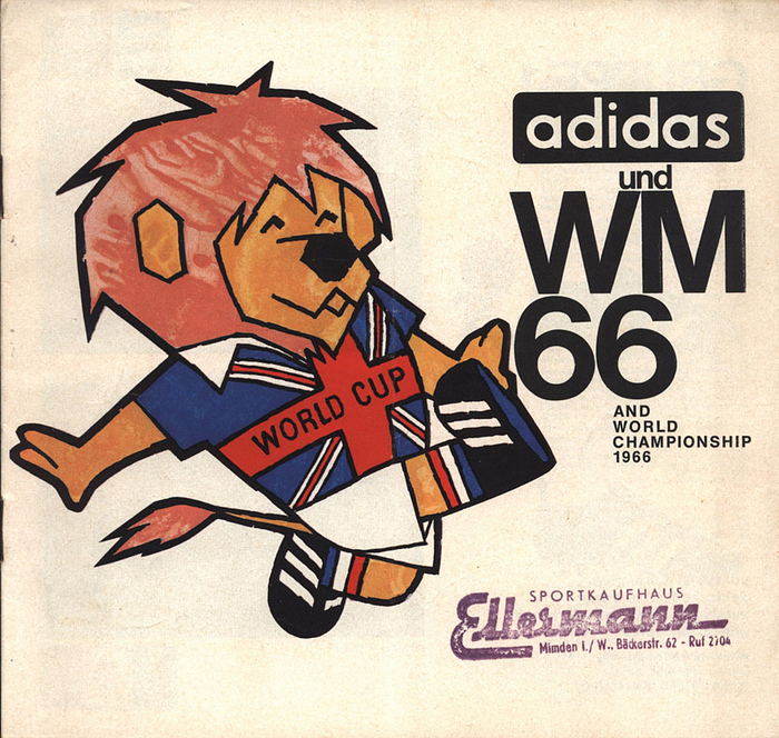  - World Cup 1966 programm from Adidas. 10 pages with 19 photos. With all team photos. Very rare!!! size 20.5x19.5cm, 10 pages. ----Creased in the middle; promotional postmark Condition: C+