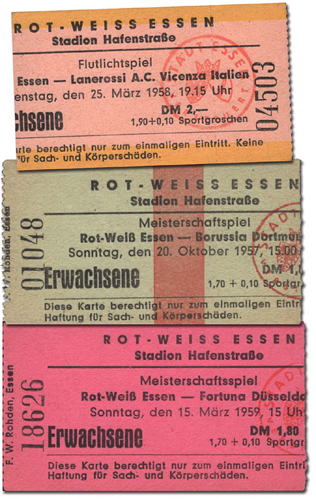 Eintrittskarte 1957 - 1959 RW Essen  | 3 Eintrittskarten von Rot-Weiß Essen aus den Jahren 1957-1959. je 7x4 cm
