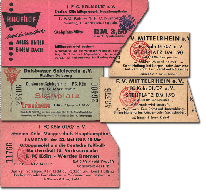 Eintrittskarte 1957 - 1964  | 5 Eintrittskarten von Spielen des 1.FC Köln von 1957 - 1964. 13x6 bis 7x4 cm