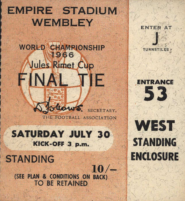  - World Cup 1966. Final Ticket England vs Germany on 30th July 1966, Empire Stadium Wembley. Size 8.5x9 cm. Very good! Condition: A-