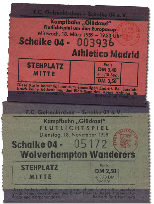 Eintrittskarte EP1958 + 1959  | Zwei offizielle Tickets Europa-Cup 1958 / 1959: 1) Schalke 04 v Wolverhampton Wanderers. 18.11.1958 in Gelsenkrichen. 2) Schalke 04 v Athletico Madrid, 18.03.1959 in Gelsenkirchen. Je 9x6,5 cm.
