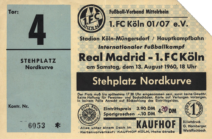 Eintrittskarte 1960  | Freundschaftsspiel 1.FC Köln - Real Madrid am 13.8.1960 in Köln (5:4). 15x10cm.