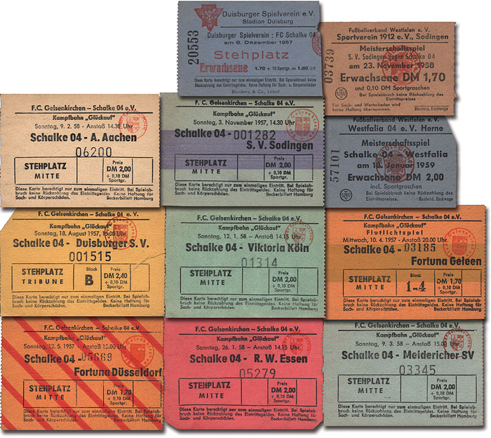 Eintrittskarten 1957-1959 Schalke 04  | 10 verschiedene Eintrittkarten von Oberligaspielen von Schalke 04 aus der Zeit von 1957 - 1959. je ca. 8,5x6 cm