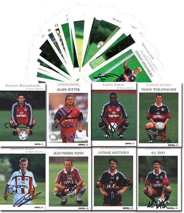Sorry, no english description is available. ...  -  Condition: A-.....Effenberg, Scheuer, Schwabl, Ziege, Papin, Sutter, Wohlfahrt, Nerlinger, Göktan, Klinsmann, Thon, Sergio, Elber, Babbel, Anderson, Basler u.a. Sehr wenige Dubletten.