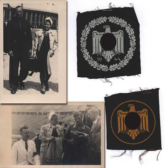 Hockey - Meisterschaftsabzeichen 1944  | Meisterschaftsabzeichen aus Stoff mit der Jahreszahl "1944" vom NsRL (Deutschen Reichsbund für Leibesübungen). Leinen, mit silberner  Seide bestickt, 9x8,5 cm. Dabei ein Abzeichen des NsRL bestickt mit Seide und zwei S/W-Fotos ( je 14x9 cm) von einem deutschen Meister im Hockey mit dem Luftwaffen SV Hamburg.