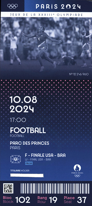 Eintrittskarte OSS2024  | Offizielles Druckticket der Olympischen Spiele Paris 2024. 10.8. Finale Frauen - Fußball USA v Brasilien. 20,5x9 cm.
