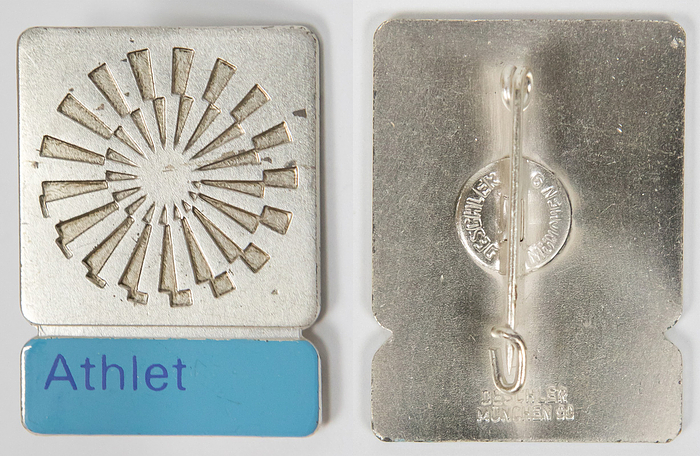  - Olympic Games 1972. Athlete's Participation badge Munich 1972.  „Athlet“. Silver plated wit light.blue bar. Size 3.5x2.5cm, Condition: A-