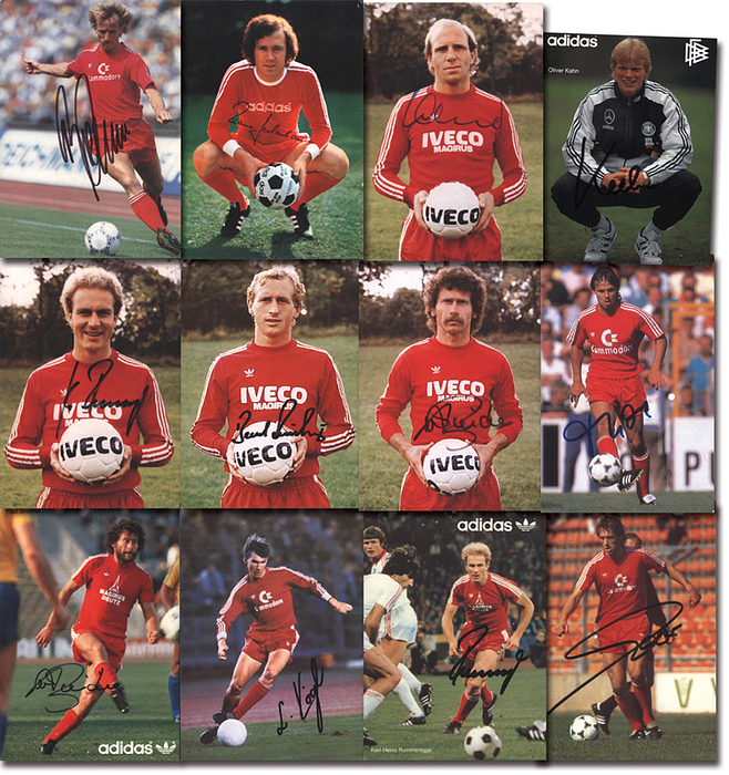 München,Bayern - 1980-1989  | 12 Originalsignaturen von Spielern des FC Bayern München aus den Jahren seit 1980-1989 auf  33 original Autogrammkarten. Je ca. 15x10 cm.